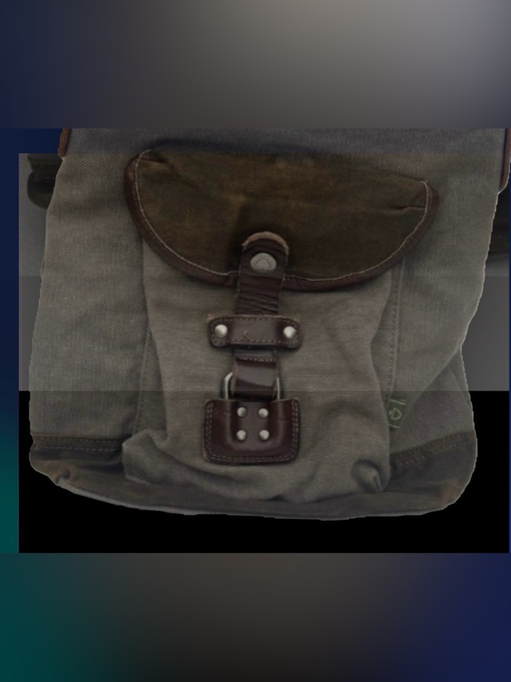 Olive Green /grayish Canvas Crossbody Bag with Brown Leather Trim